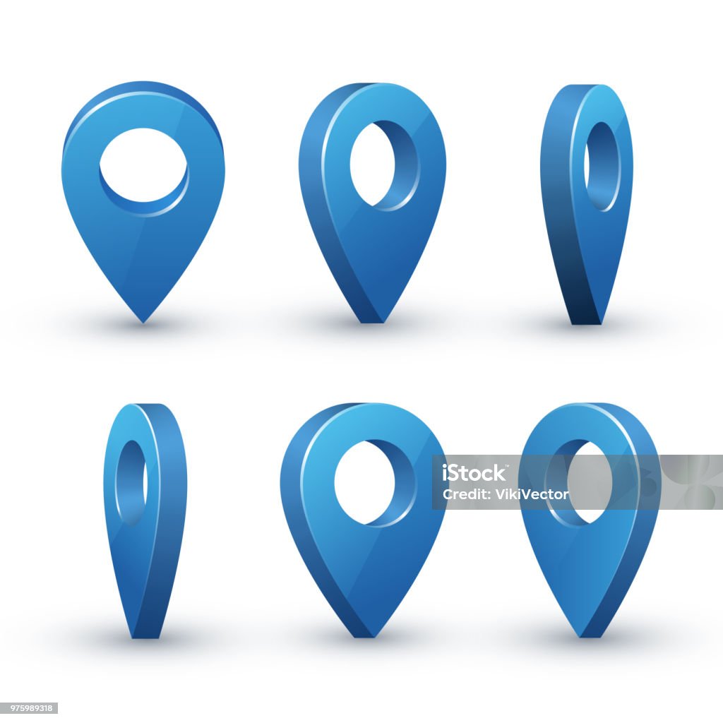 3d map pointer set 3d map pointer set. Maps pin inverted drop shaped blue icon to mark location. Vector flat style cartoon illustration isolated on white background Map Pin Icon stock vector