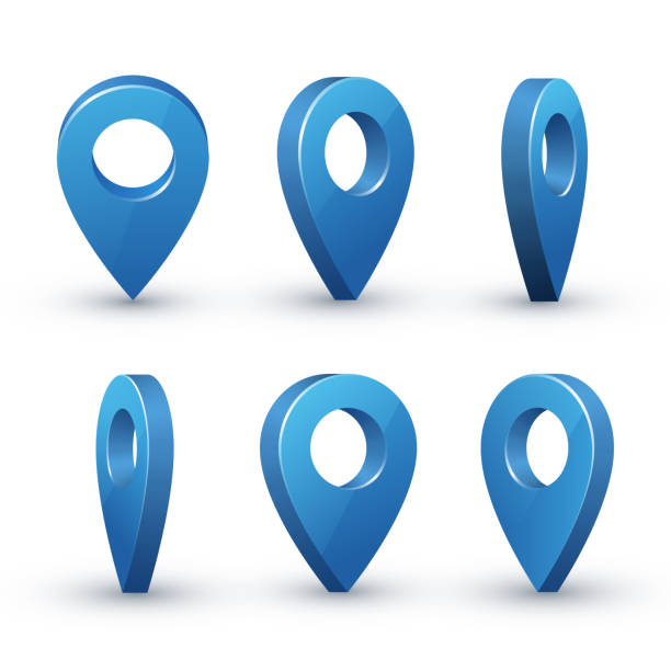 3d map pointer set 3d map pointer set. Maps pin inverted drop shaped blue icon to mark location. Vector flat style cartoon illustration isolated on white background global positioning system stock illustrations