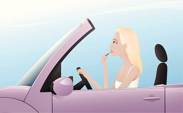 Girl putting make-up while driving vector art illustration