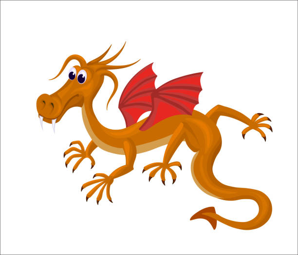 cartoon cute dragon with red wings and big taloons vector art illustration