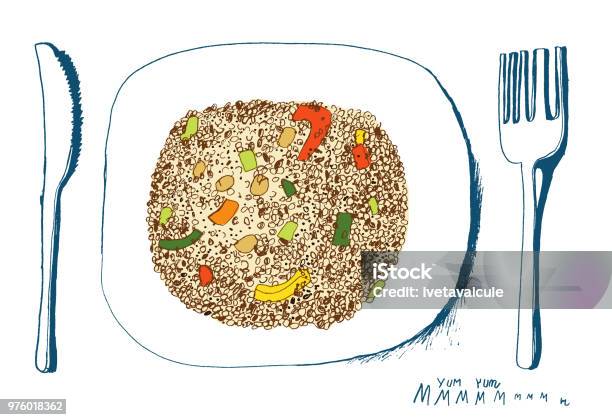 Quinoa Salad On A Plate Stock Illustration - Download Image Now - Quinoa, Drawing - Art Product, Dinner