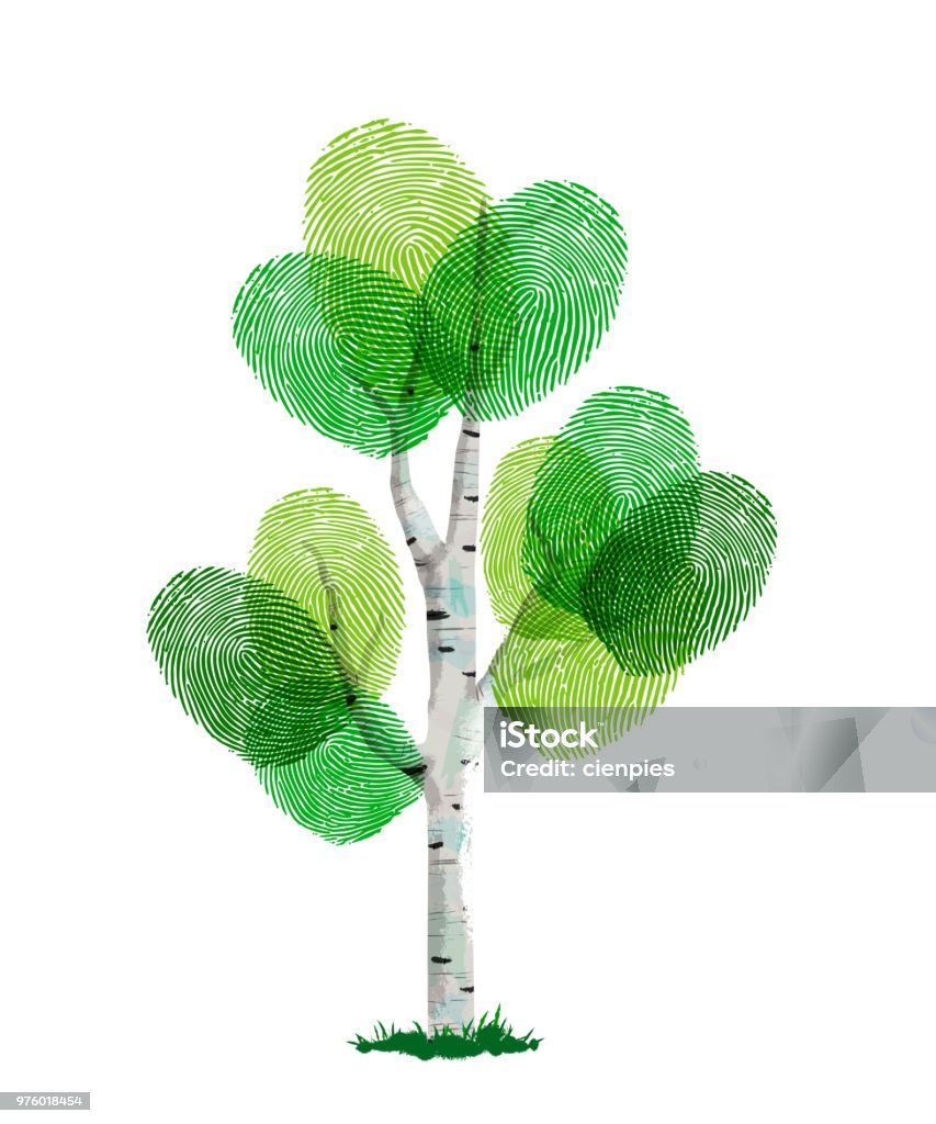 Green finger print tree for nature help Fingerprint tree made of green human finger print. Identity concept, environment help or earth care. EPS10 vector. Fingerprint stock vector