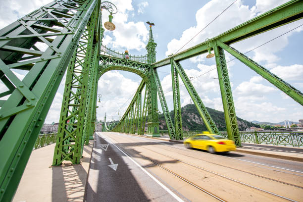 View on the famous Liberty bridge with yellow taxi during the daylight in Budapest, Hungary