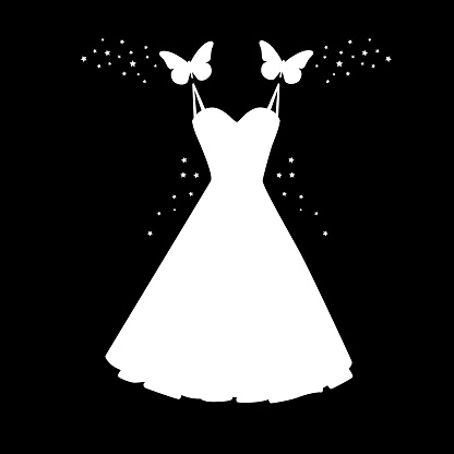 Vector illustration of two white butterflies carrying  a white evening gown on a black background.