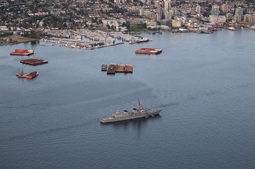 Vancouver, British Columbia, Canada - September 15, 2017 - Aerial view of a Canadian Navy Destroyer Ship parked in Vancouver Harbour.