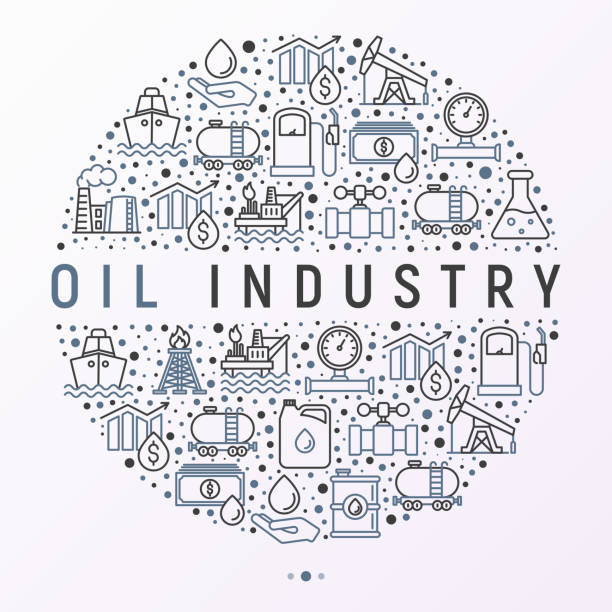 細い線アイコンの付いた円の石油業界概念: ガス、石油、ディーゼル、トラック、タンカー、船舶、製油所、バレル。現代ベクトル図では、web ページのテンプレート。 - gas can fossil fuel backgrounds gasoline点のイラスト素材／クリップアート素材／マンガ素材／アイコン素材