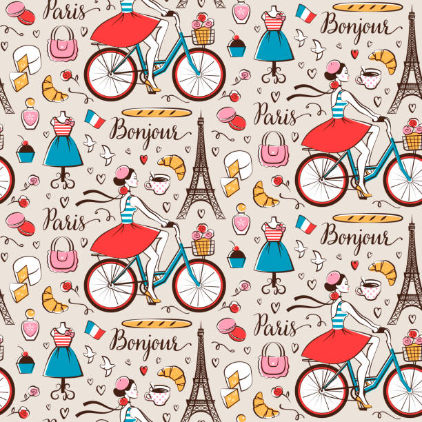 Paris seamless pattern Paris seamless pattern with Eiffel tower, girl on a bicycle, coffee, sweet food, etc. paris fashion stock illustrations