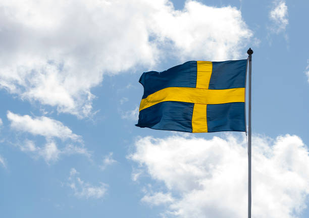 Sweden flag on pole. Dramatic background. National flag of Sweden