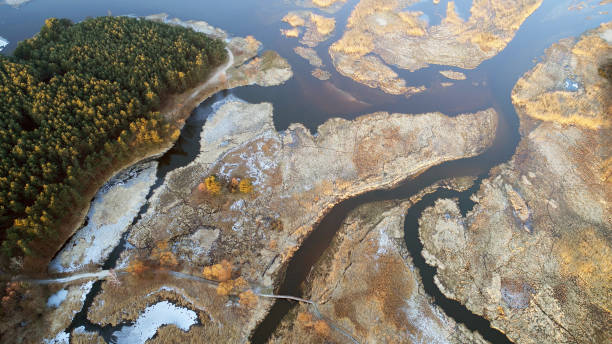 paisaje de aérea - frozen cold lake reed fotografías e imágenes de stock