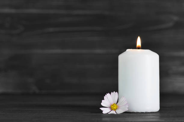 istock White burning candle and flower 976097006