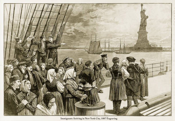 imigranci przybywający do nowego jorku, 1887 grawerowanie - engraving engraved image activity nautical vessel stock illustrations