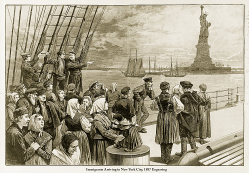 Beautifully Illustrated Antique Engraved Victorian Illustration of Immigrants Arriving in New York City, 1887 Engraving. Source: Original edition from my own archives. Copyright has expired on this artwork. Digitally restored.
