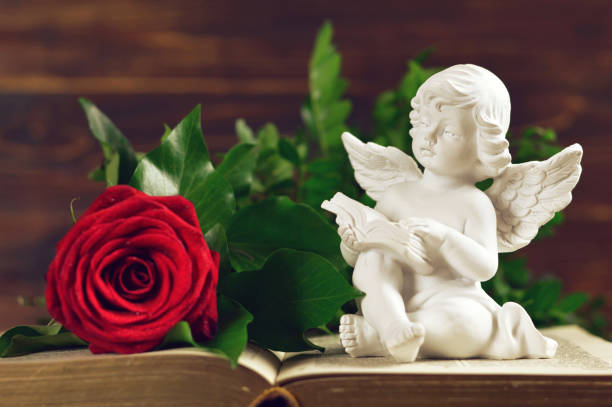 istock Angel guardian and red rose 976098920