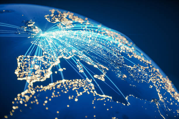 globalna komunikacja z wielkiej brytanii (world map kredytów do nasa) - computer network satellite view planet communication zdjęcia i obrazy z banku zdjęć