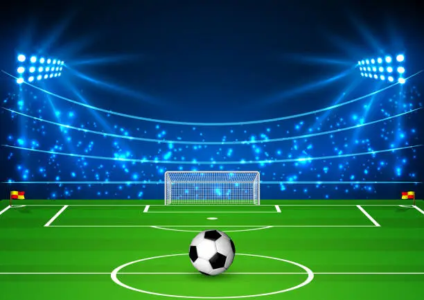 Vector illustration of Football Stadium with a ball. Soccer field in the light of searchlights. Football World Cup. Vector illustration