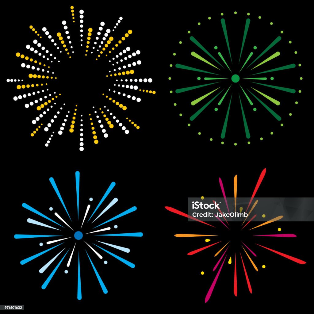 Fireworks Icon Set Vector illustration of a set of four multi-colored fireworks explosion icons in flat style. Firework - Explosive Material stock vector