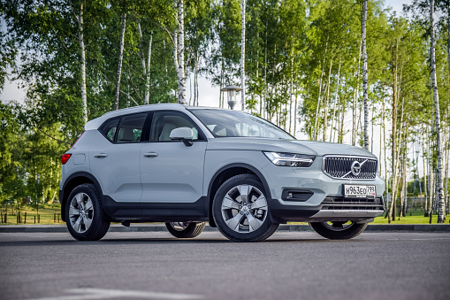 Minsk, Belarus - June 13, 2018: Volvo XC40 parked during test drive. Volvo XC40 is the first subcompact SUV made by Volvo. Under the bonnet of this T5 AWD model is a 2.0-litre turbo-petrol engine with a substantial 250bhp.