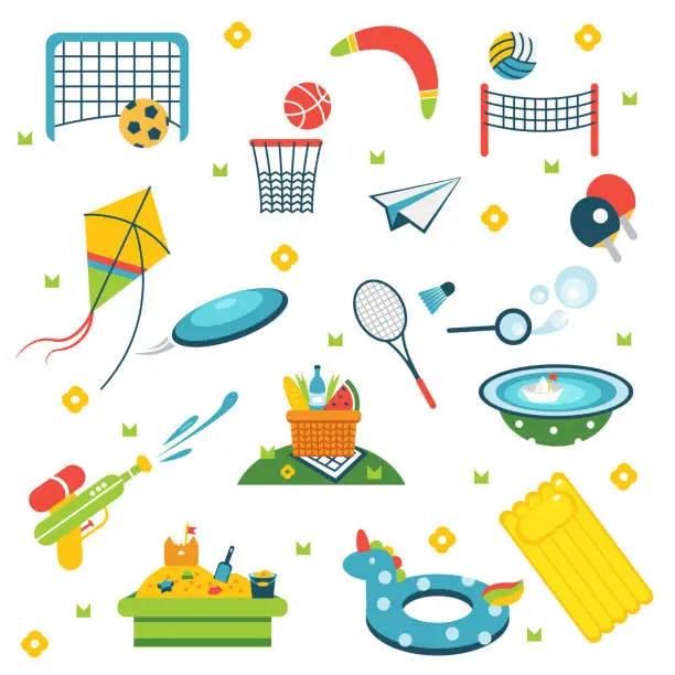 Vector illustration of Summer holiday activity symbols set. Vector illustration set of isolated vacation summer elements. Elements flat collection of summer outdoor recreation and on the beach. Kids activities. Summer sport