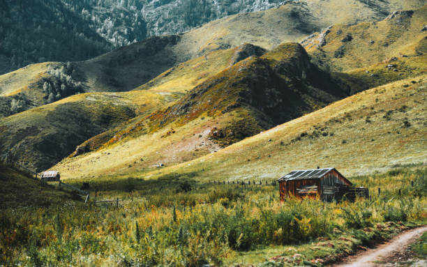 Log cabin in the mountain on a cloudy winter day.
