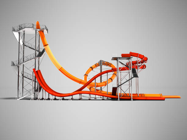 istock Modern two red and orange water slides for water park on the side 3d render on gray background with shadow 976158324
