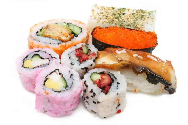 Sushi rolls japanese food isolated on white background.