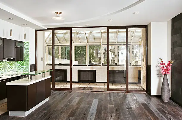 Photo of Modern Drawing-room (studio) and Kitchen interior with balcony