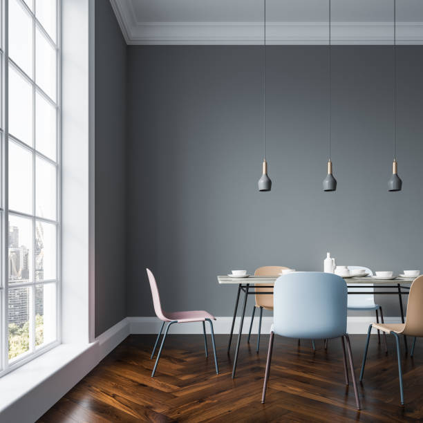 istock Gray dining room interior, pastel chairs close up 976197258
