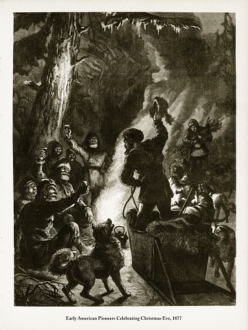 Beautifully Illustrated Antique Engraved Victorian Illustration of Early American Frontiersman Dancing Around a Fire Victorian Engraving, 1877. Source: Original edition from my own archives. Copyright has expired on this artwork. Digitally restored.