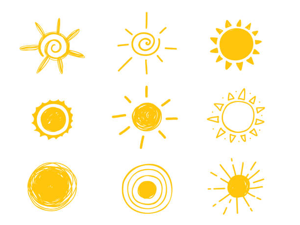 heiße sonne-symbol. gelbe doodle abbildung isoliert auf weißem hintergrund - sun stock-grafiken, -clipart, -cartoons und -symbole