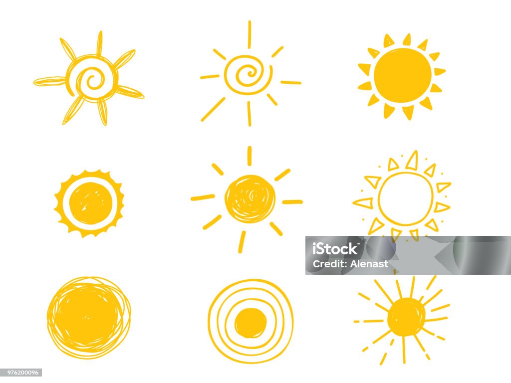 Hot sun icon. Yellow doodle illustration isolated on white background Hot sun icon. Yellow doodle illustration isolated on white background. Sun stock vector