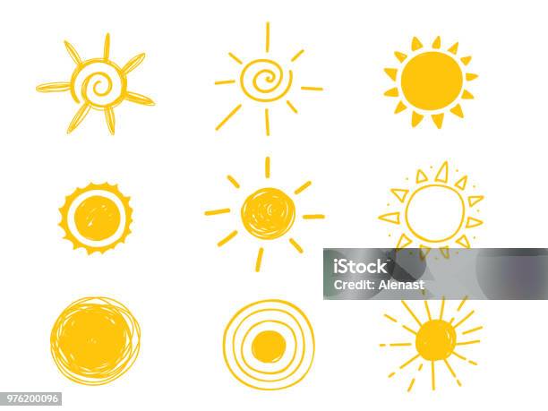 Hot Sun Icon Yellow Doodle Illustration Isolated On White Background Stock Illustration - Download Image Now