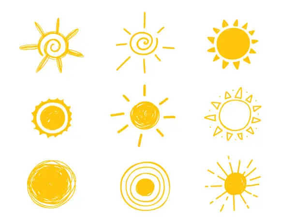 Vector illustration of Hot sun icon. Yellow doodle illustration isolated on white background
