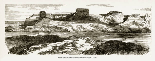 illustrations, cliparts, dessins animés et icônes de formations rocheuses dans le nebraska plaines gravure de style victorien, 1856 - santa fe trail