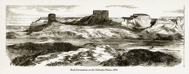 illustrazioni stock, clip art, cartoni animati e icone di tendenza di rock formations on the nebraska plains victorian engraving, 1856 - santa fe trail