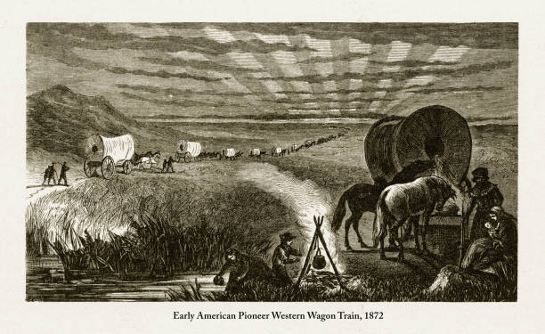 illustrations, cliparts, dessins animés et icônes de pionnier de l’ouest wagon train, début américain victorienne gravure, 1872 - santa fe trail