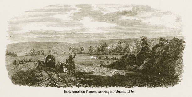 illustrations, cliparts, dessins animés et icônes de en arrivant dans le nebraska, les pionniers début américain victorienne gravure, 1856 - santa fe trail