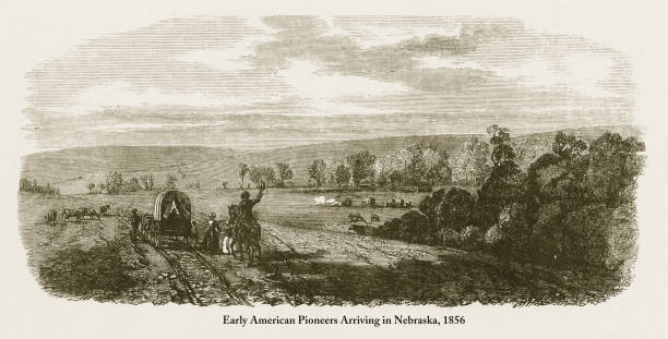 pionierzy przybywający do nebraski, wczesnoamerykański rycerowanie wiktoriańskie, 1856 - santa fe trail stock illustrations