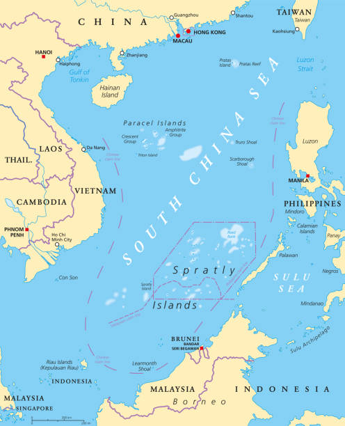 South China Sea Islands, political map South China Sea Islands, political map. Islands, atolls, cays, shoals, reefs and sandbars. Partially claimed by China and other neighboring states. Paracel and Spratly Islands. Illustration. Vector. straight talk stock illustrations