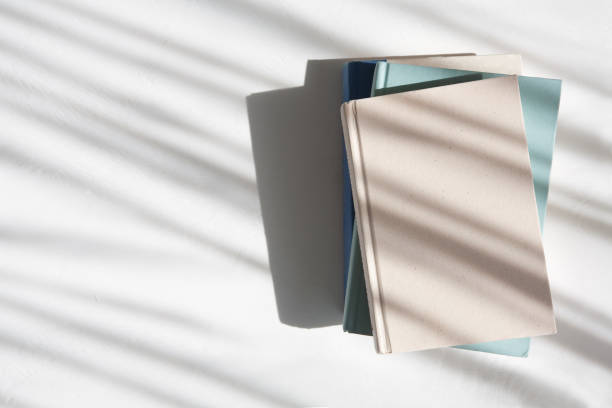 Stack of books on a white table next to a window with dappled light.