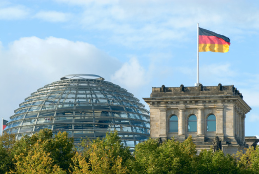 Detail of the historic entrance portal of the German Bundestag in the Reichstag building.