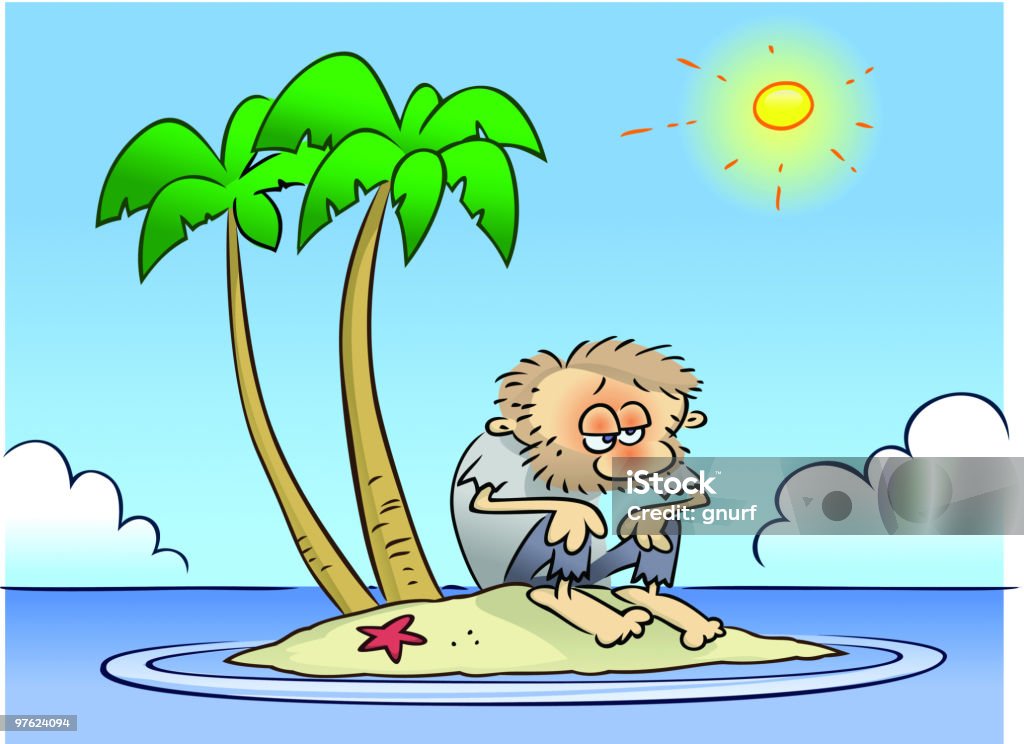 Shipwrecked człowiek na desert island - Grafika wektorowa royalty-free (Bezludna wyspa)