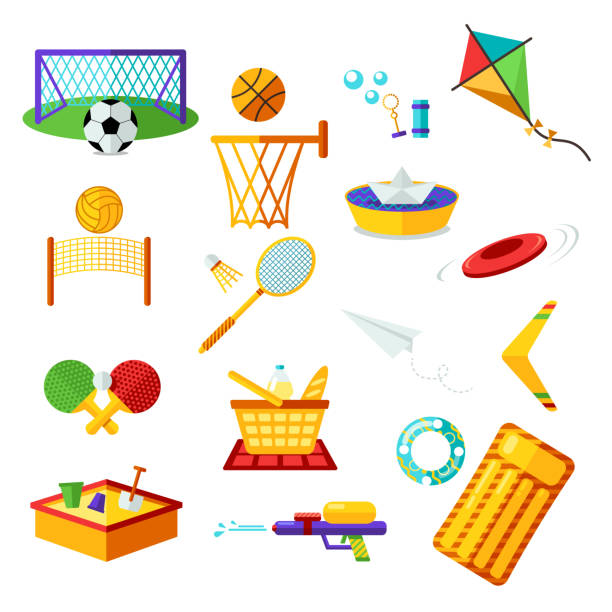 Kids activities. Summer rest. Elements flat collection of summer outdoor recreation and on the beach. Summer holiday activity symbols set. Vector illustration set of isolated vacation summer elements. Kids activities. Elements flat collection of summer outdoor recreation and on the beach. Summer holiday activity symbols set. Vector illustration set of isolated vacation summer elements. Summer rest. inflatable soccer balls stock illustrations
