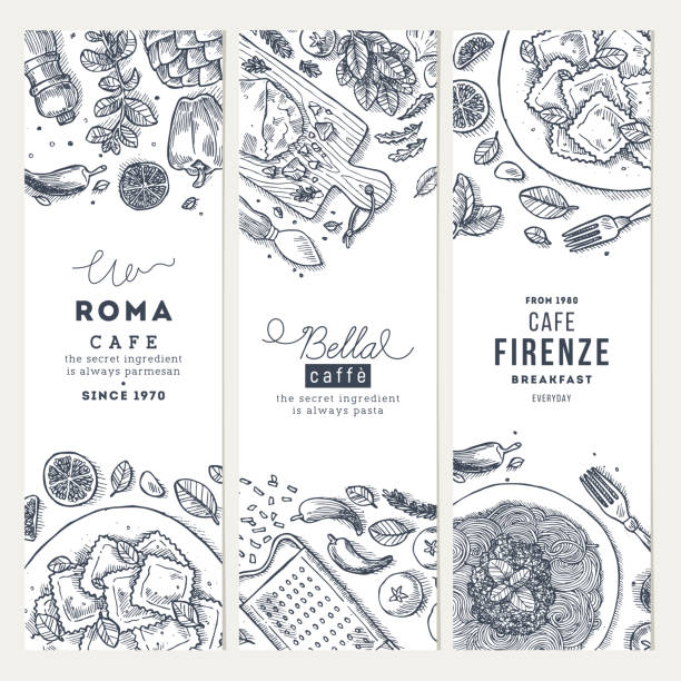 italienische küche-vertikale banner-set. spagetti und ravioli. gravierte stil illustration. hero-bild. vektor-illustration - italian culture ingredient spaghetti food stock-grafiken, -clipart, -cartoons und -symbole