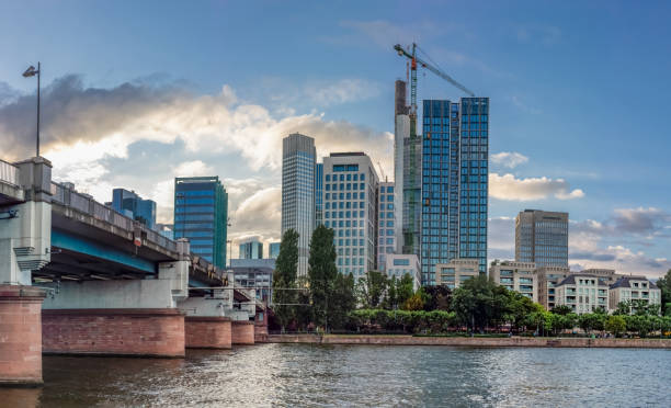 Bridge over Main River and Frankfurt Skyscrapers in Summer