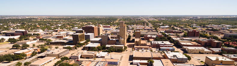 A birdseye view of Lubbock Texas downtown city skylines, buildings and streets