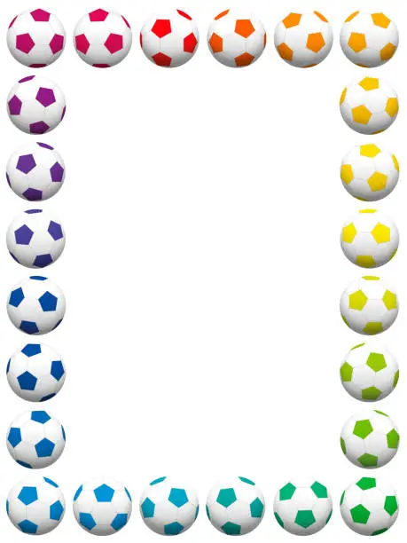 Vector illustration of Colorful soccer balls, vertical frame. Isolated vector illustration on white background.
