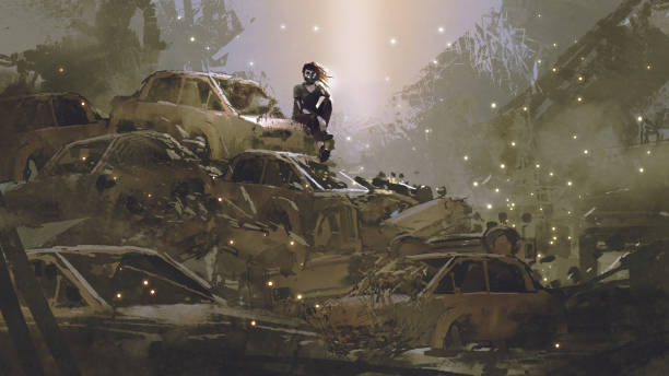 ilustraciones, imágenes clip art, dibujos animados e iconos de stock de mujer en la pila de coches siniestrados - coches abandonados