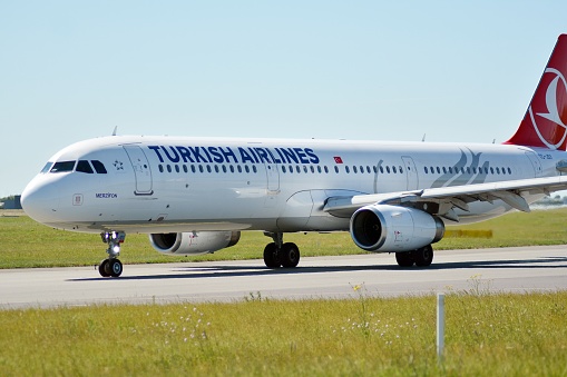Warsaw,Poland. 6 June 2018. Plane TC-JSY - Airbus A321-231 - Turkish Airlines preparing to take off.