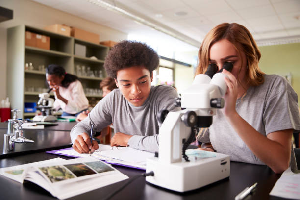 estudantes do ensino médio olhando através do microscópio na aula de biologia - aluno de científico - fotografias e filmes do acervo