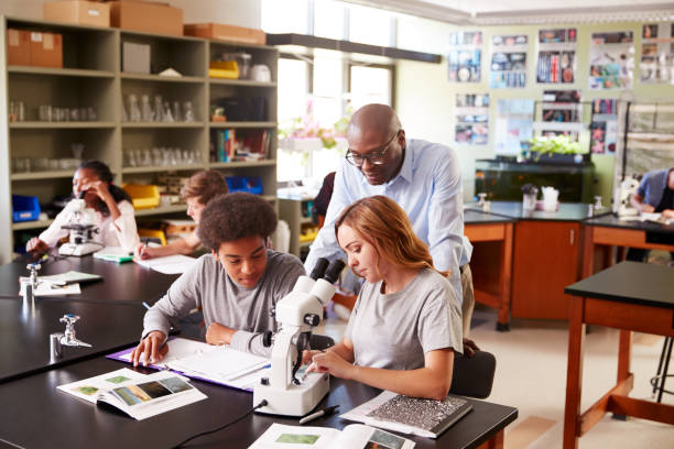 High School Students With Tutor Using Microscope In Biology Class High School Students With Tutor Using Microscope In Biology Class science class stock pictures, royalty-free photos & images